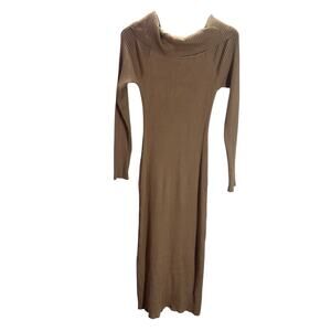 Off Shoulder Camel Sweater Dress M Ribbed Knit Long Sleeve Fall Midi